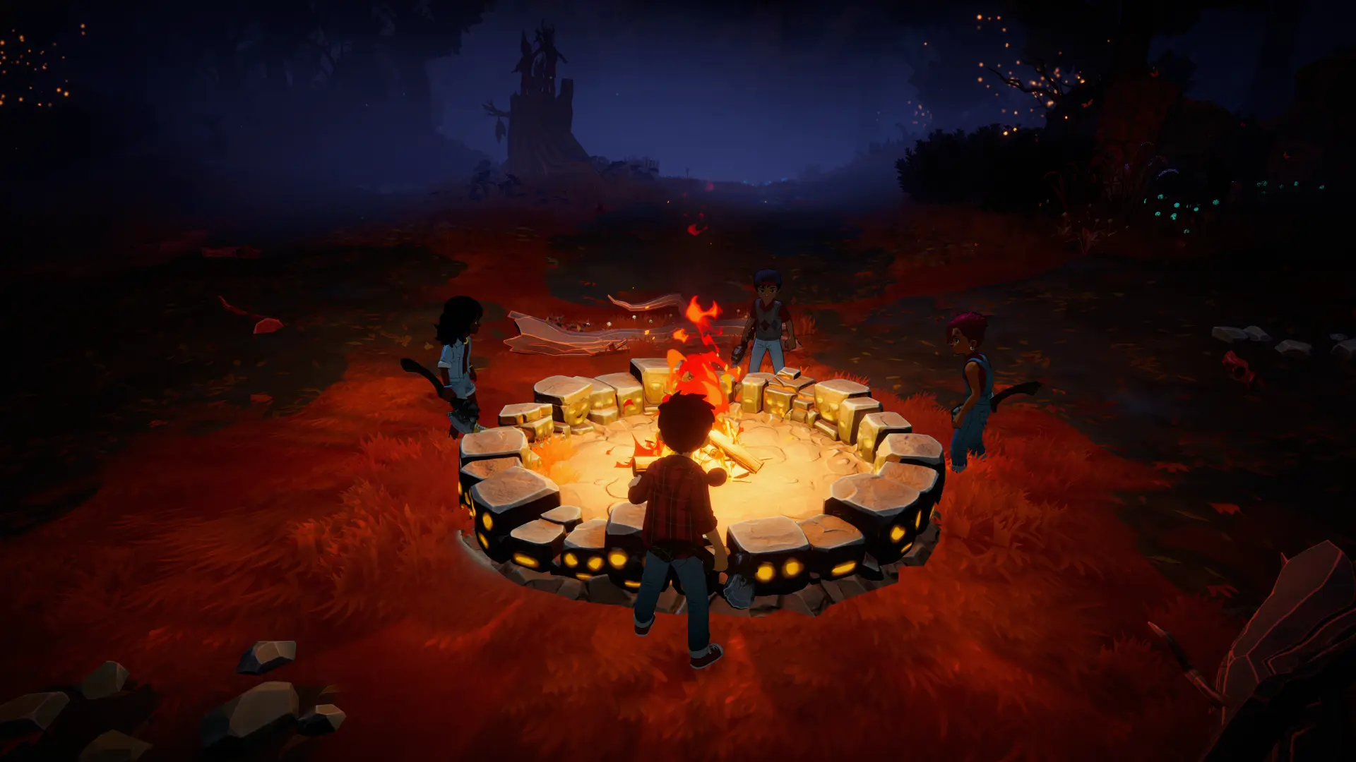 The party regroups around a campfire at night in Voidwood